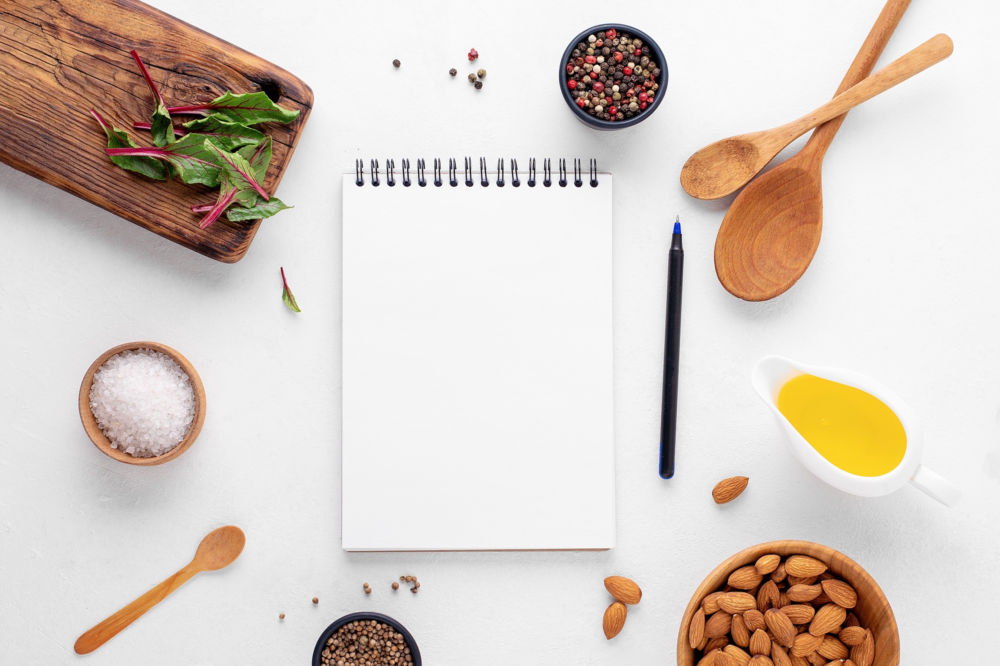 Flat-lay of quick meal ingredients and recipe cards